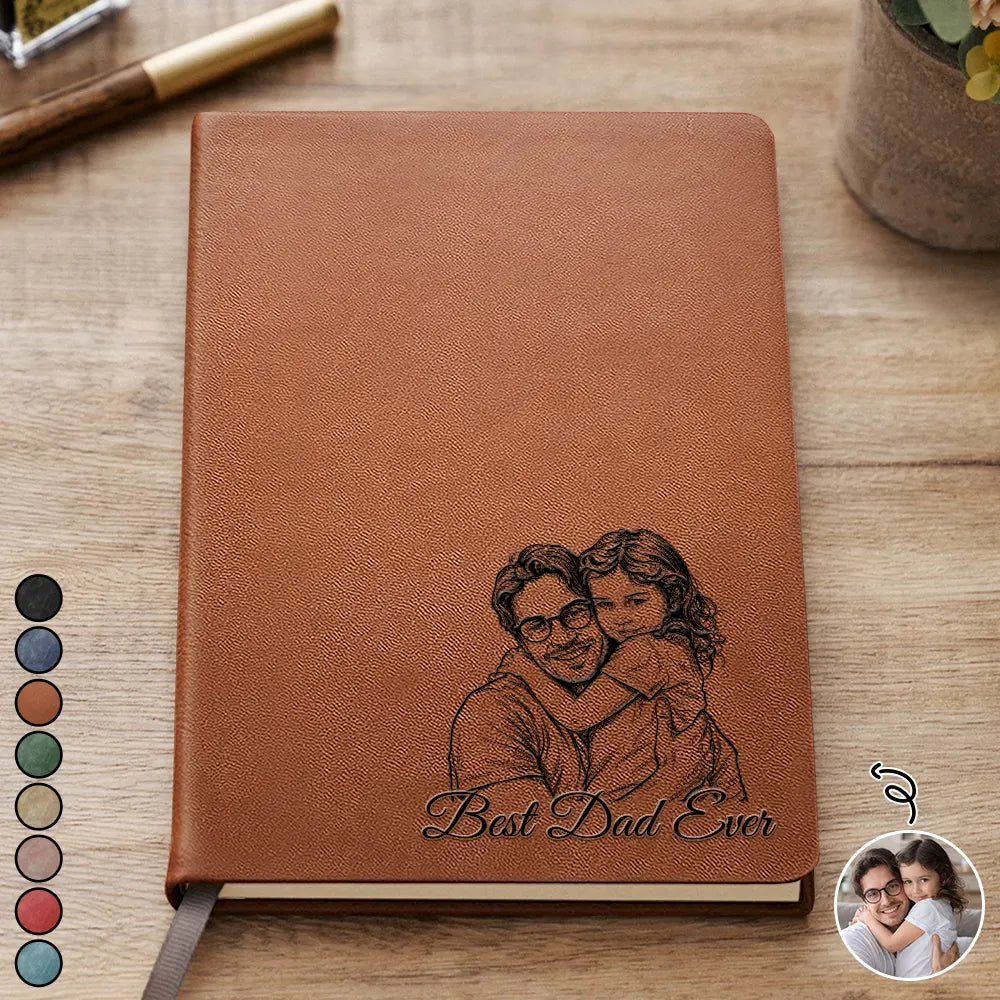 Gift For Father,Gift For Grandpa,Non-Eng,Photo - Pencil Sketch (Bold),Proud - Custom Photo Bold Sketch Best Dad Grandpa Ever Family Portrait - Personalized Leather Journal