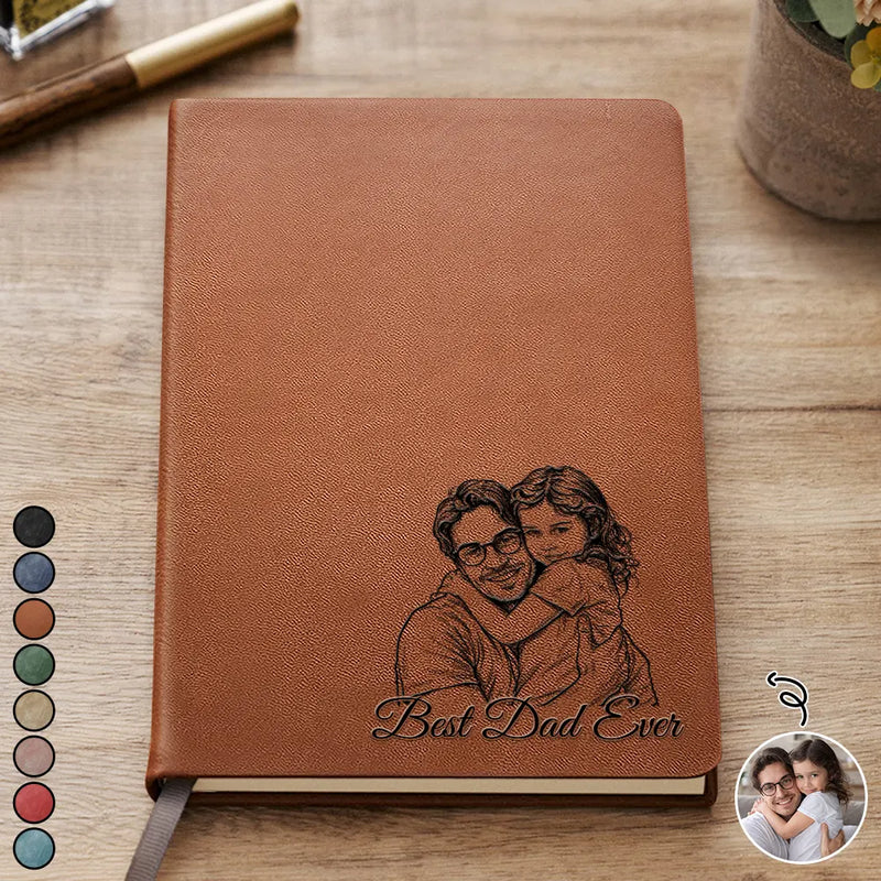 Gift For Father,Gift For Grandpa,Non-Eng,Photo - Pencil Sketch (Bold),Proud - Custom Photo Bold Sketch Best Dad Grandpa Ever Family Portrait - Personalized Leather Journal
