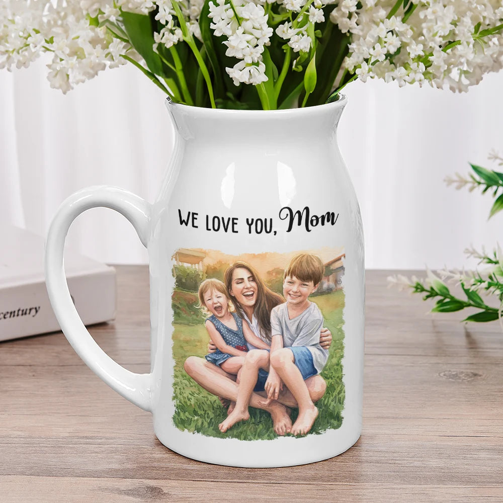 Gift For Wife,Gift For Women,Gift For Mother,Gift For Grandma,Mom - Daughters (Young),Mom - Daughters (Adult),Love,Mom - Children - Custom Photo Watercolor Painting Mother And Daughter Forever Linked Together - Personalized Ceramic Flower Vase