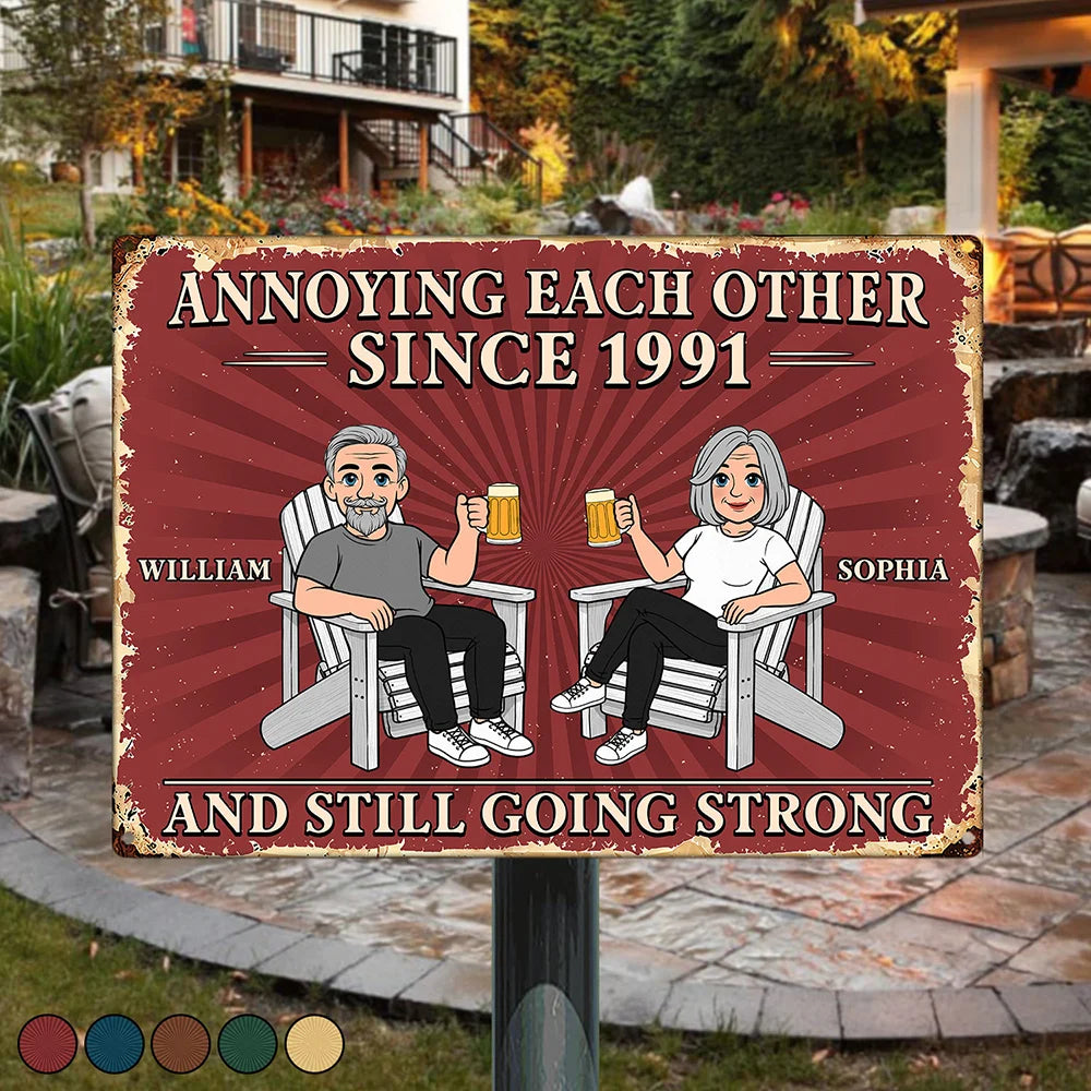 Top Market, Humorous, Old Couples, Gift For Couples, Vector - Annoying Each Other For Many Years Still Going Strong Retro Cartoon Couple - Personalized Classic Metal Signs