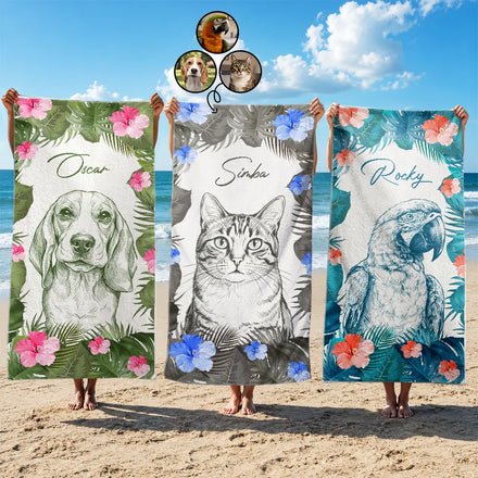 Custom Photo Pencil Sketch With Tropical Leaves For Pet Lovers - Personalized Beach Towel
