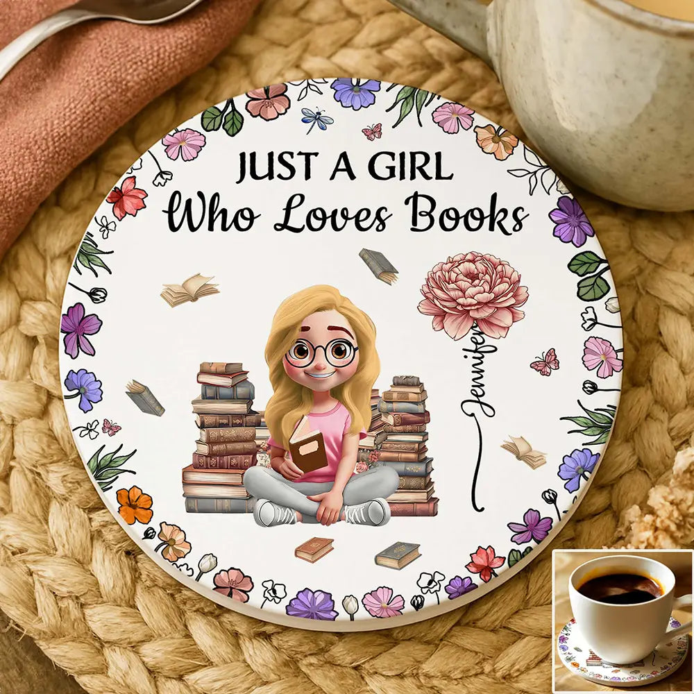 Just A Girl Who Loves Books Birth Flower - Personalized Ceramic Coaster