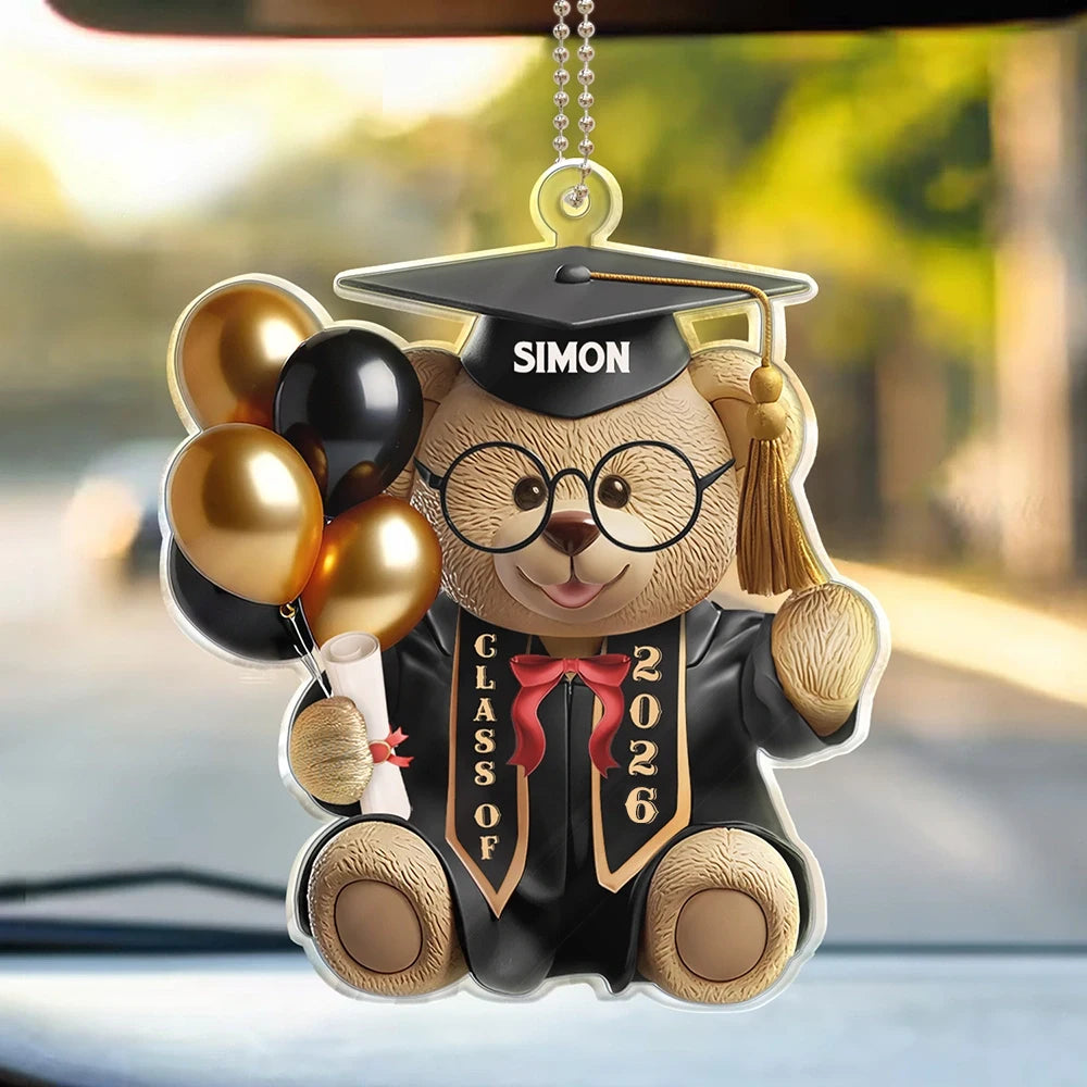 Graduation,Dad,Mom,Children,Gift For Sibling,Gift For Bestie - 3D Effect Graduation Bear - Personalized Acrylic Car Hanger