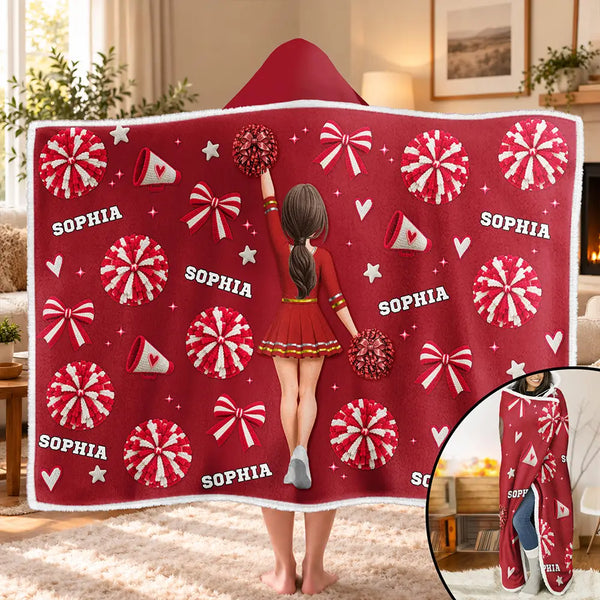 Christmas,Gift For Grandma,Gifts For Her,Grandma - Granddaugther,Happy,Icon - Cheer Gift For Teen Girls - Personalized Name Coquette Bow Pompom Wearable Hooded Blanket