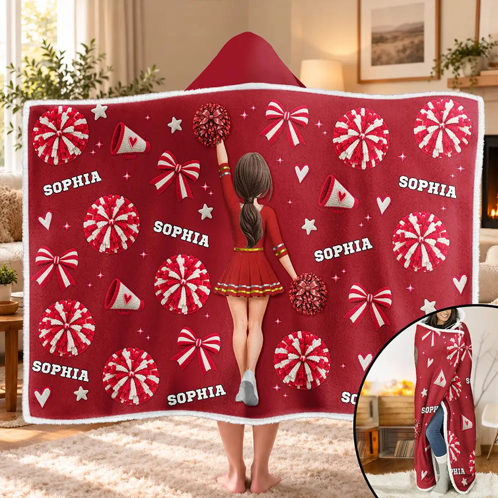 Cheer Gift For Teen Girls - Personalized Name Coquette Bow Pompom Wearable Hooded Blanket