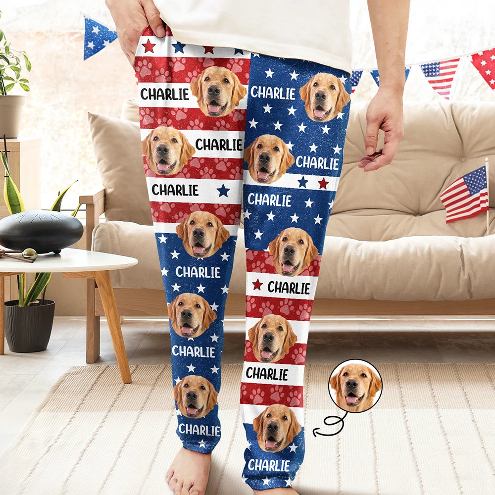 Independence Day,Dog Lovers,Pet Lovers,Cat Lovers,Photo,Proud - Custom Photo Funny Pet Face Pattern Dog Cat US Flag - Personalized Pajama Pants