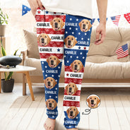 Independence Day,Dog Lovers,Pet Lovers,Cat Lovers,Photo,Proud - Custom Photo Funny Pet Face Pattern Dog Cat US Flag - Personalized Pajama Pants