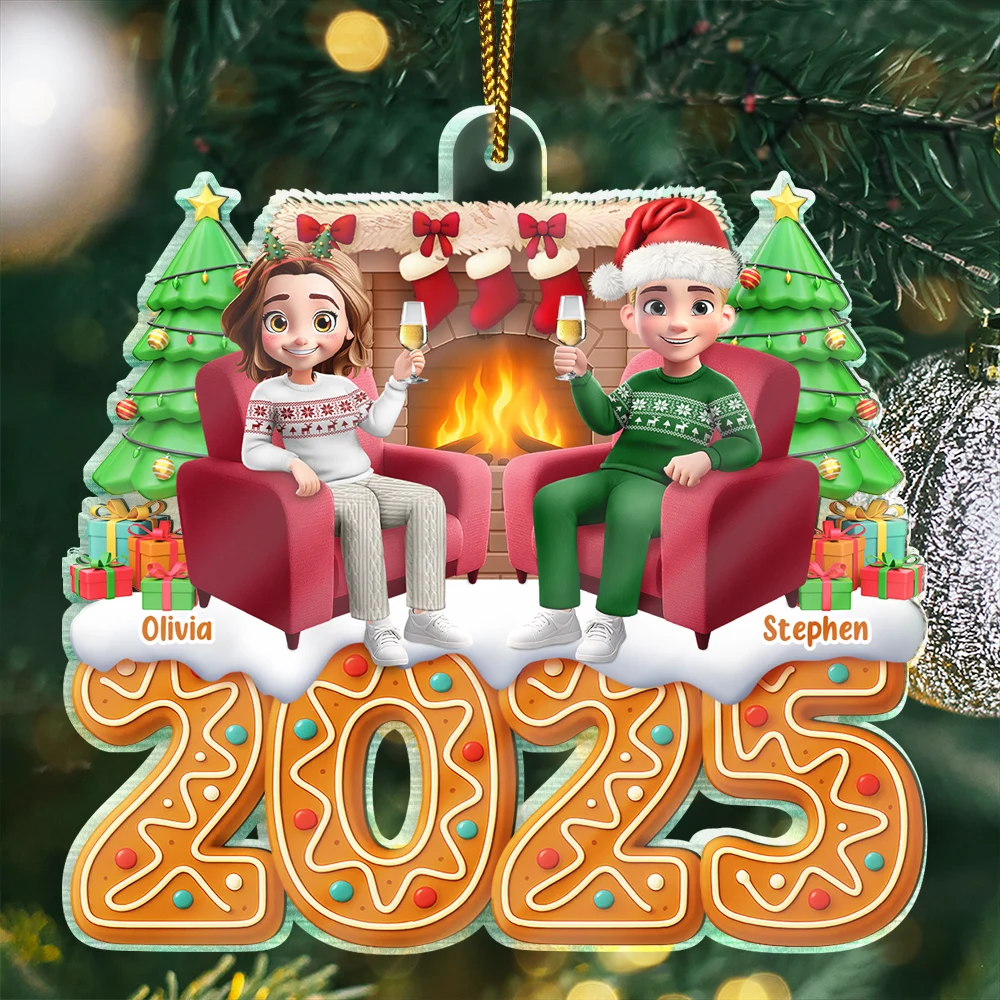 Christmas Fireplace Gingerbread 3D Effect Couple - Personalized Custom Shaped Acrylic Ornament