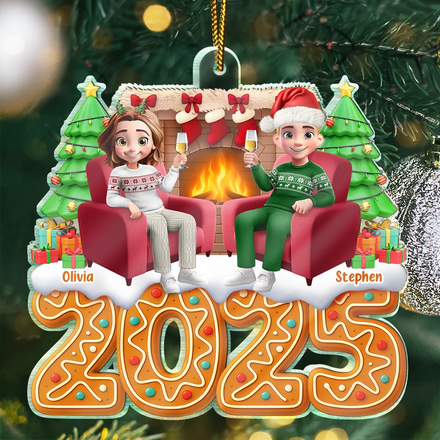 Christmas Fireplace Gingerbread 3D Effect Couple - Personalized Custom Shaped Acrylic Ornament