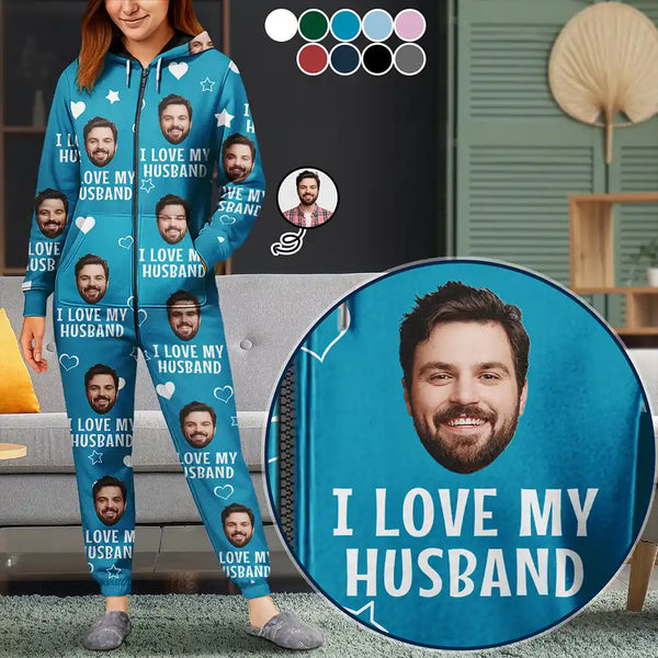 Gift For Husband,Gift For Wife,Gift For Couples,Custom Photo,Funny - Custom Photo Funny I Love My Wife Husband - Personalized Overall Onesie Hooded Jumpsuit