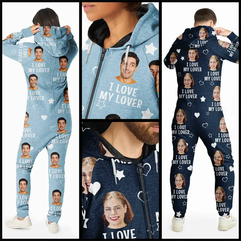 Gift For Husband,Gift For Wife,Gift For Couples,Custom Photo,Funny - Custom Photo Funny I Love My Wife Husband - Personalized Overall Onesie Hooded Jumpsuit