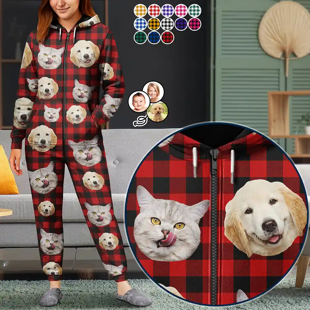 Custom Photo Funny Dog Cat Pet Human Face - Personalized Overall Onesie Hooded Jumpsuit