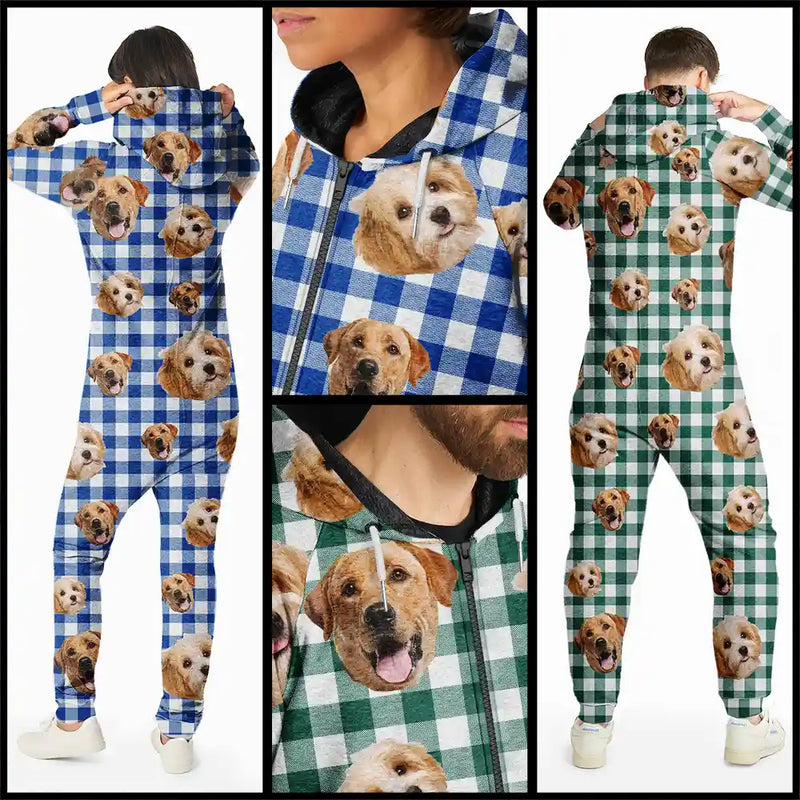 Pet Lovers,Family,Custom Photo,Happy - Custom Photo Funny Dog Cat Pet Human Face - Personalized Overall Onesie Hooded Jumpsuit