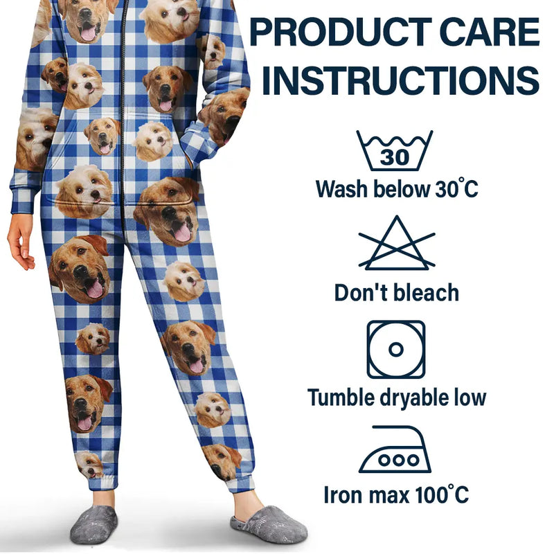 Pet Lovers,Family,Custom Photo,Happy - Custom Photo Funny Dog Cat Pet Human Face - Personalized Overall Onesie Hooded Jumpsuit