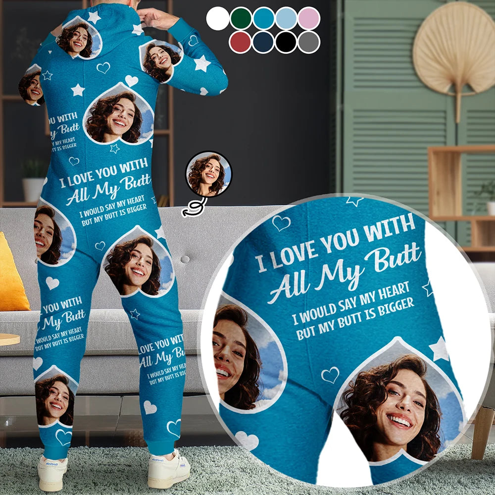 Custom Photo Funny I Love You With All My Heart - Personalized Overall Onesie Hooded Jumpsuit