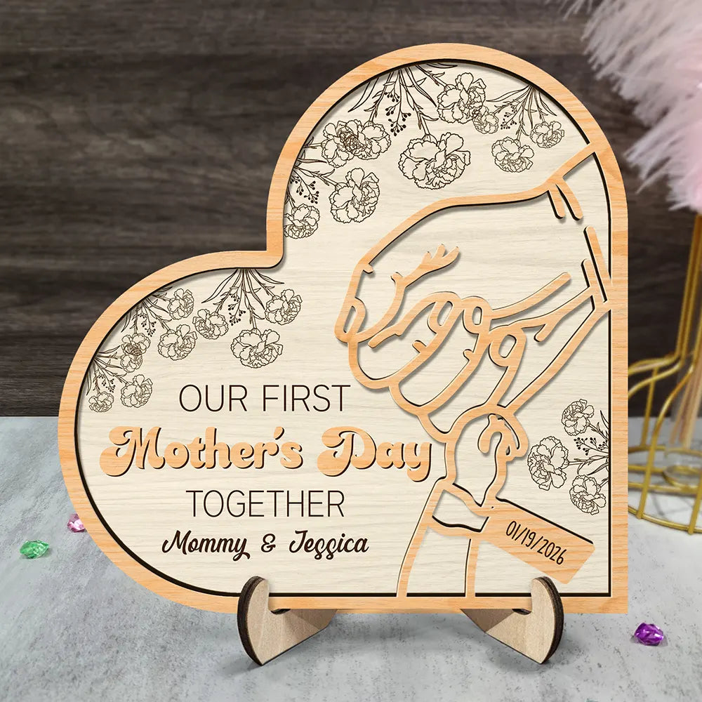 New Mom,New Dad,New baby,Gift For Mother,Love,Happy - Birth Flower Our First Mother's Day Together - Personalized 2-Layered Wooden Plaque With Stand