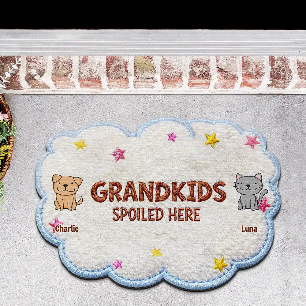 Gift For Grandma,Gift For Grandpa,Grandpa - Grandkids,Grandma - Grandkids,Gift For Women,Gift For Men,Happy,Stick Figure,Pet Lovers - Faux Embroidery Effect Stick Figures Spoiled Grandkids Live Here - Personalized Custom Shaped Doormat