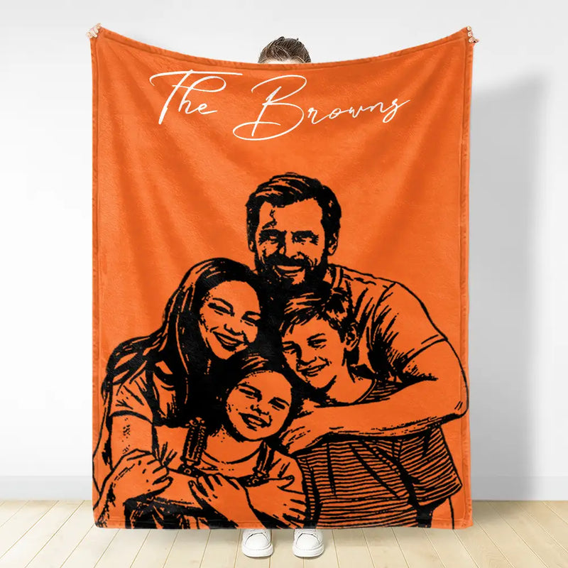 Family,Gift For Bestie,Dog Lovers,Cat Lovers,Happy,Custom Photo,Gift For Mother,Gift For Father - Custom Photo Pencil Sketch Family Dog Cat Portrait - Personalized Fleece Blanket, Sherpa Blanket