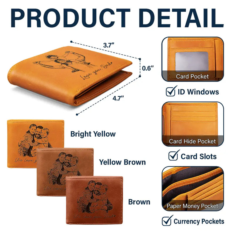 Family,Gift For Bestie,Dog Lovers,Cat Lovers,Happy,Custom Photo,Gift For Mother,Gift For Father - Custom Photo Pencil Sketch Family Dog Cat Portrait - Personalized Engraved Leather Wallet