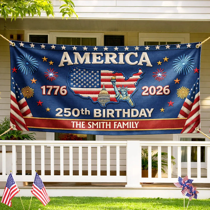 Family,Parents,Happy,America 250th - Faux Embroidery Effect 250th Birthday America Family Name - Personalized Horizontal Banner