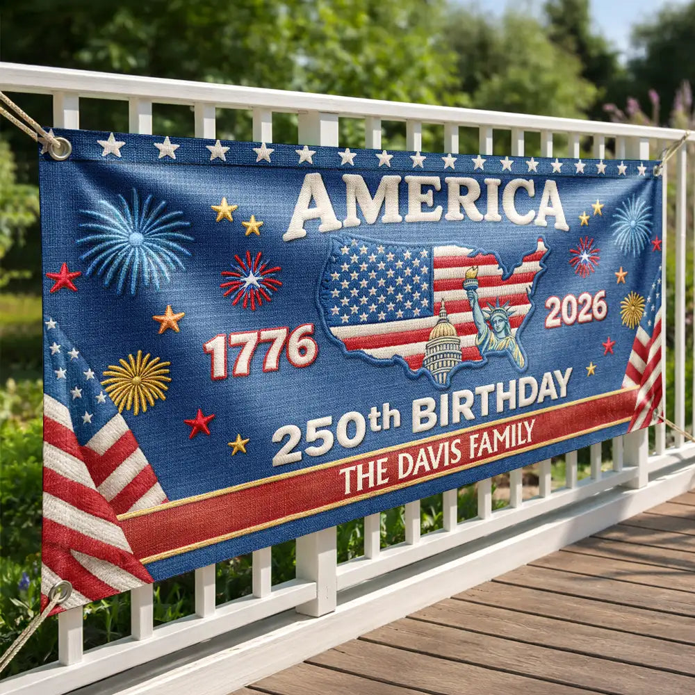 Family,Parents,Happy,America 250th - Faux Embroidery Effect 250th Birthday America Family Name - Personalized Horizontal Banner