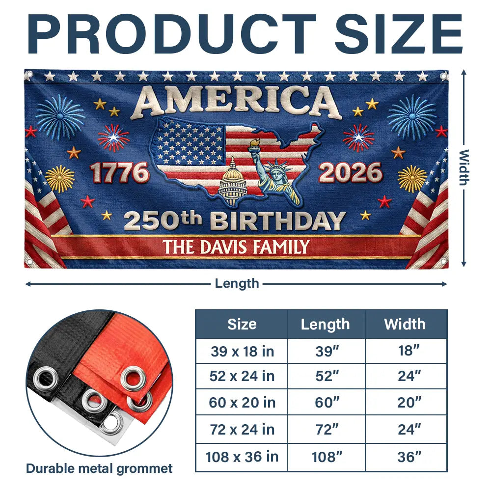 Family,Parents,Happy,America 250th - Faux Embroidery Effect 250th Birthday America Family Name - Personalized Horizontal Banner