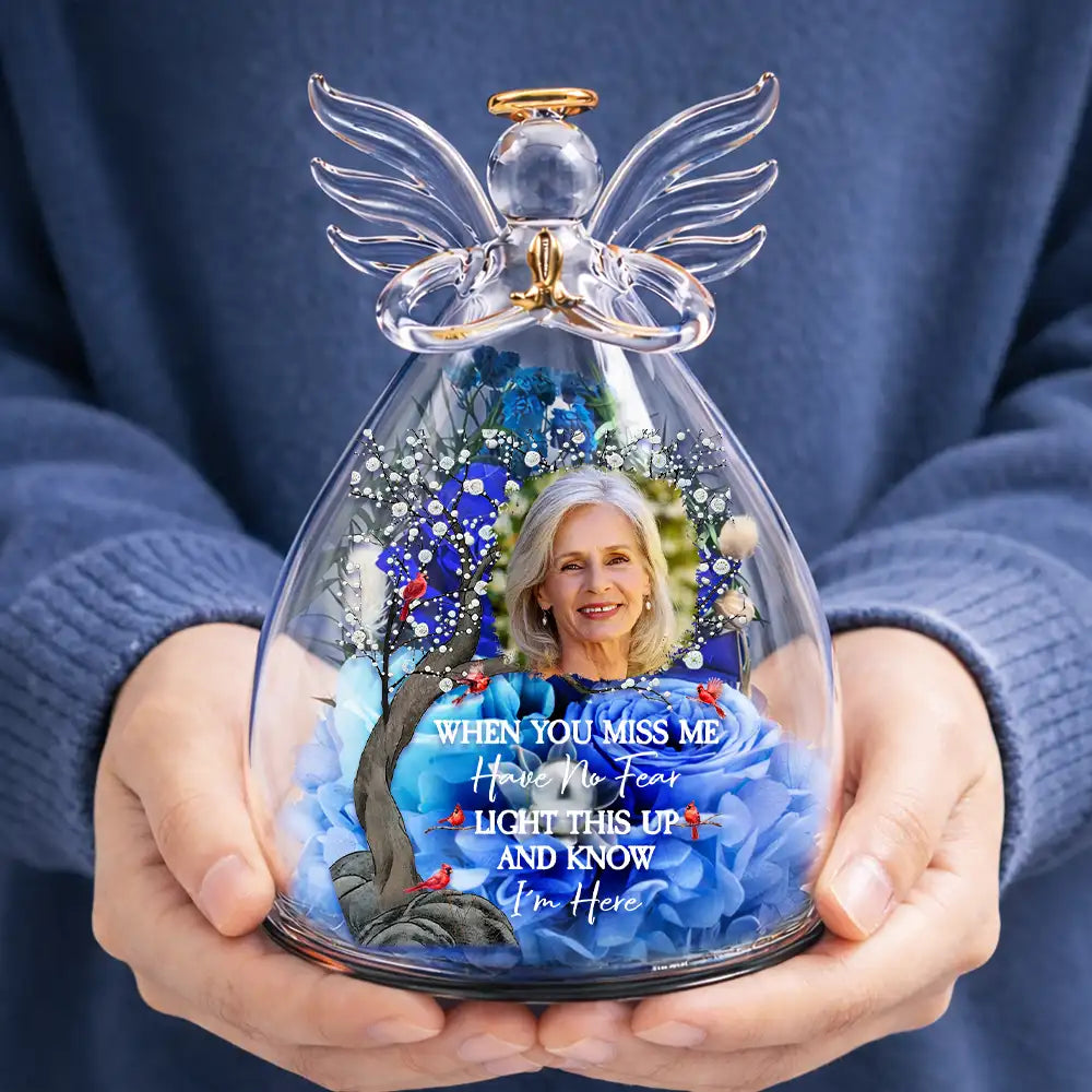 Memorial,Custom Photo,Gift For Mother,Family,Sad,Photo - Custom Photo Memorial I Have An Angel Watching Over Me - Personalized Flower In Glass Angel Figurine
