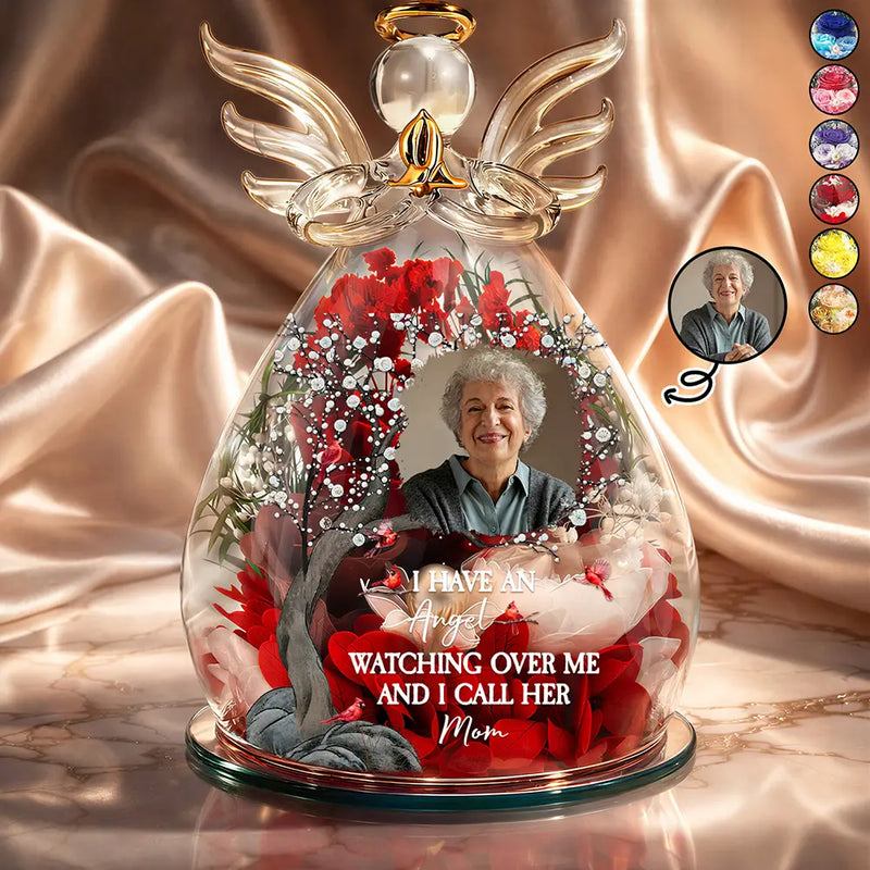 Memorial,Custom Photo,Gift For Mother,Family,Sad,Photo - Custom Photo Memorial I Have An Angel Watching Over Me - Personalized Flower In Glass Angel Figurine