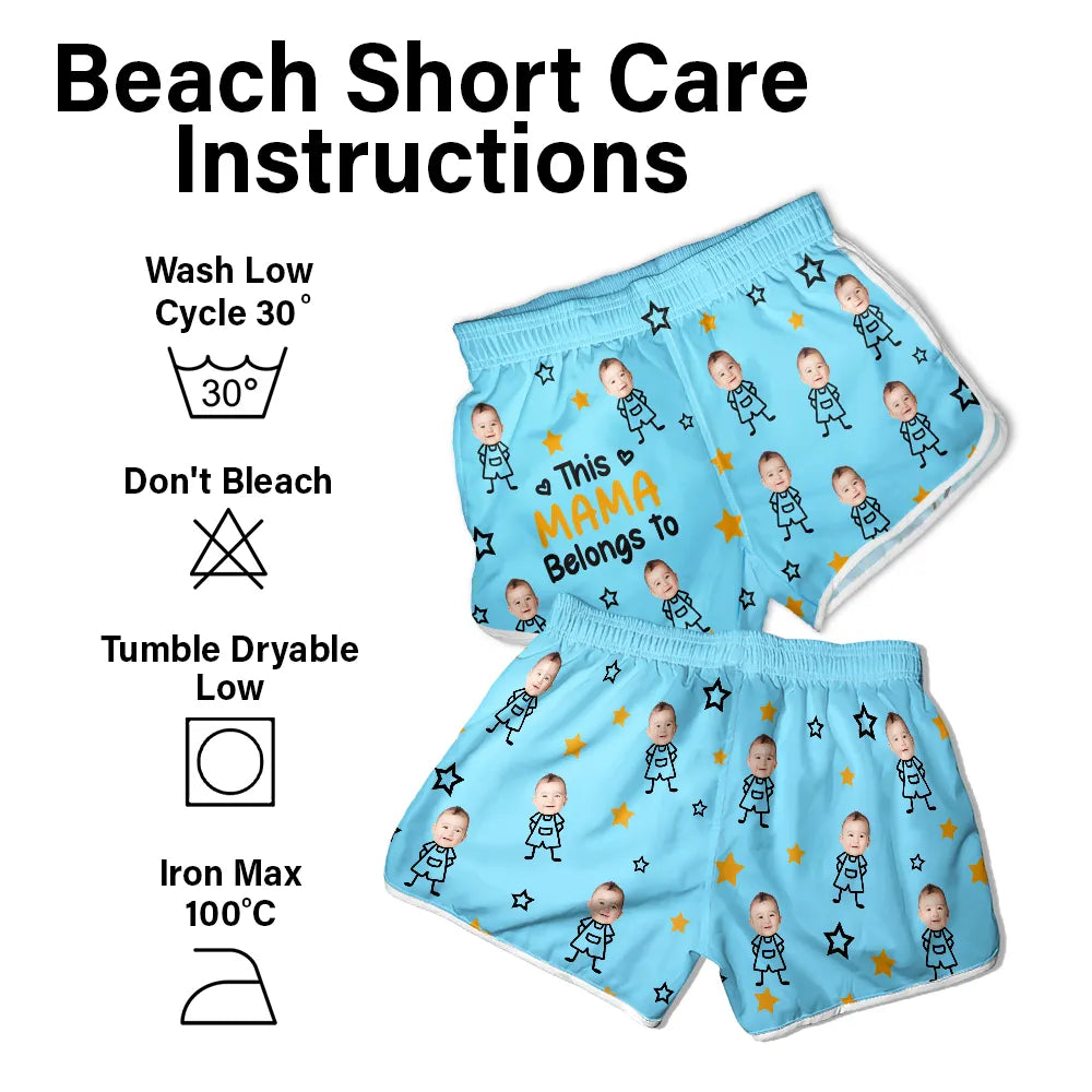 Gift For Grandma,Gift For Mother,Love,Stick Figure,Non-Eng,Photo,Icon - Custom Photo This Grandma Mom Belongs To Kids Pet - Personalized Women Beach Shorts