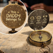 Gift For Father,Gift For Grandpa,Happy,Non-Eng,Icon,Humorous - This Grandpa Dad Belongs To Kids Pet Stick Figures - Personalized Engraved Brass Compass