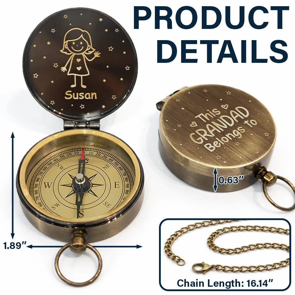 Gift For Father,Gift For Grandpa,Happy,Non-Eng,Icon,Humorous - This Grandpa Dad Belongs To Kids Pet Stick Figures - Personalized Engraved Brass Compass