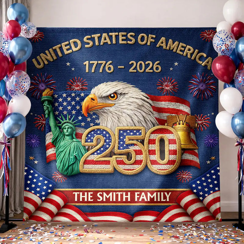 Independence Day,America 250th,Family,Proud - Faux Embroidery Effect America 250th Anniversary Family Name - Personalized Backdrop