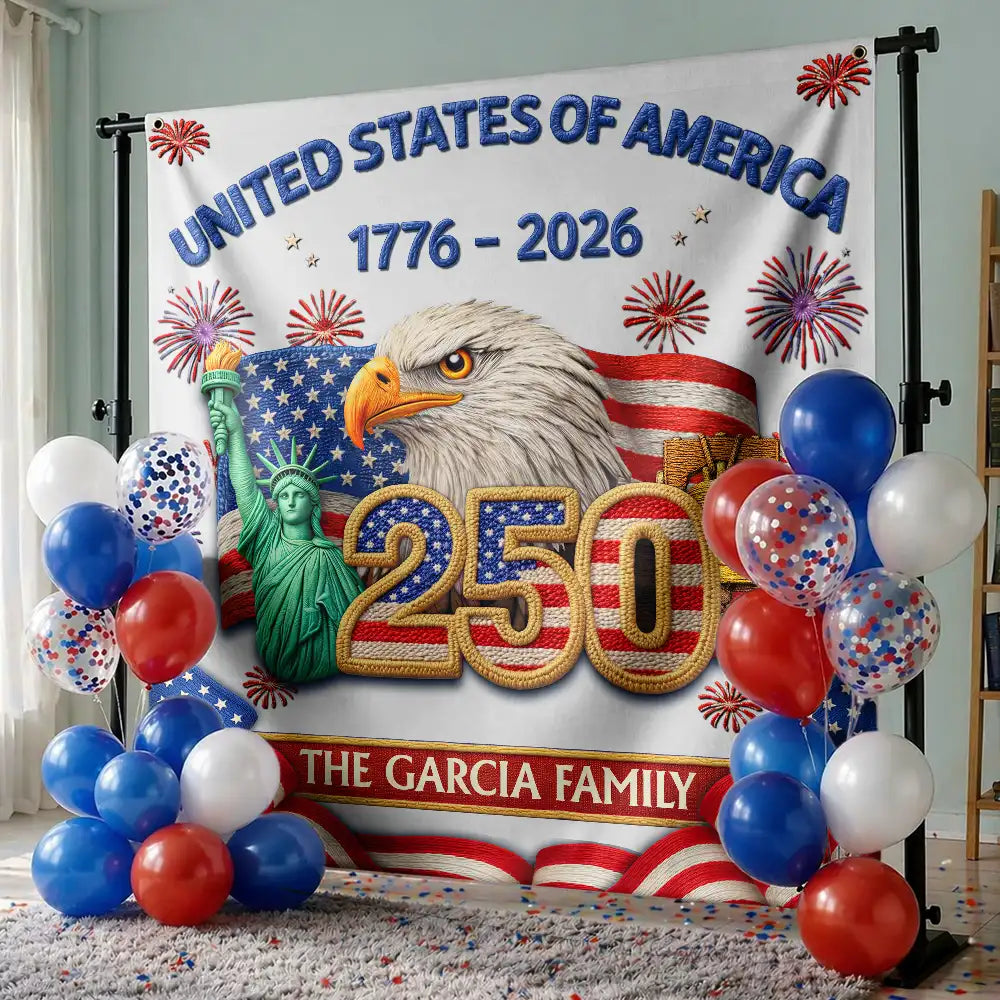 Independence Day,America 250th,Family,Proud - Faux Embroidery Effect America 250th Anniversary Family Name - Personalized Backdrop