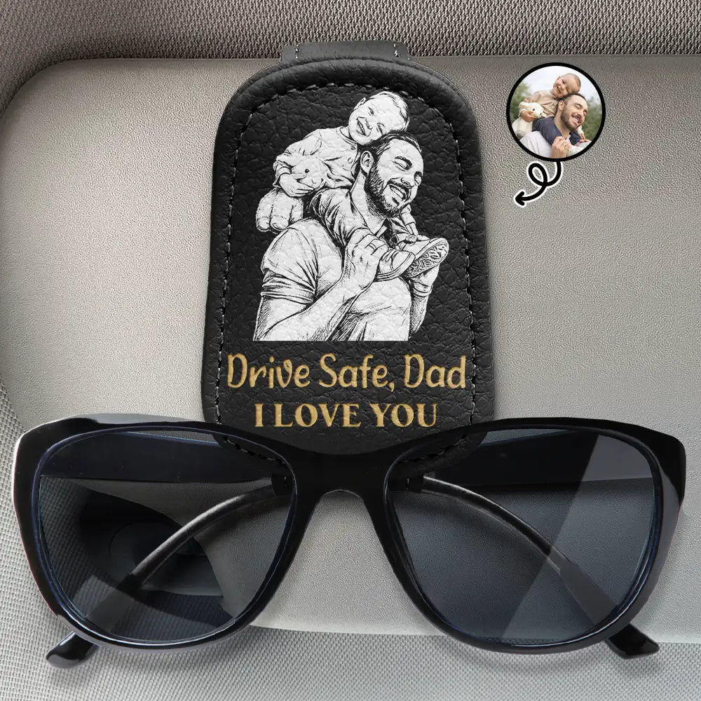 Gift For Father,Gift For Grandpa,Non-Eng,Photo - Pencil Sketch (Bold),Proud - Custom Photo Bold Sketch Drive Safe Daddy Grandpa We Love You Family Portrait - Personalized Sunglasses Holder For Car Visor