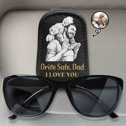 Custom Photo Bold Sketch Drive Safe Daddy Grandpa We Love You Family Portrait - Personalized Sunglasses Holder For Car Visor