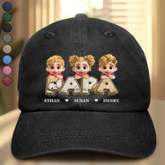 Gift For Grandpa,Grandpa - Grandkids,Gift For Father,Dad - Children,Non-Eng,Vector,Adorable - Vintage Map Grandpa Papa Dad 3D Effect Kids - Personalized Vintage Washed Denim Cap