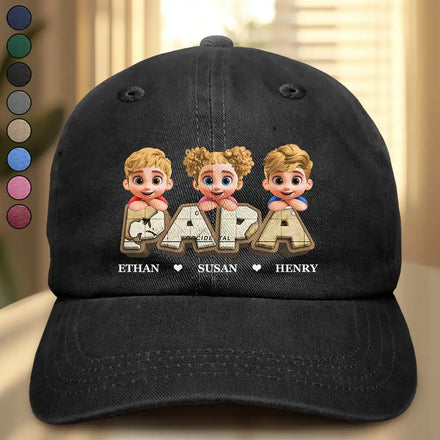 Vintage Map Grandpa Papa Dad 3D Effect Kids - Personalized Vintage Washed Denim Cap