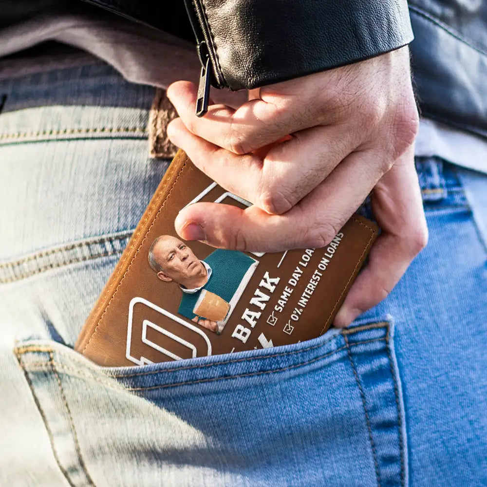 Gift For Father,Custom Photo,Art Design,Humorous,Photo - Pencil Sketch - Bold - Custom Photo Bold Sketch Dad Bank Funny Always Open Fast No Interest - Personalized Leather Wallet