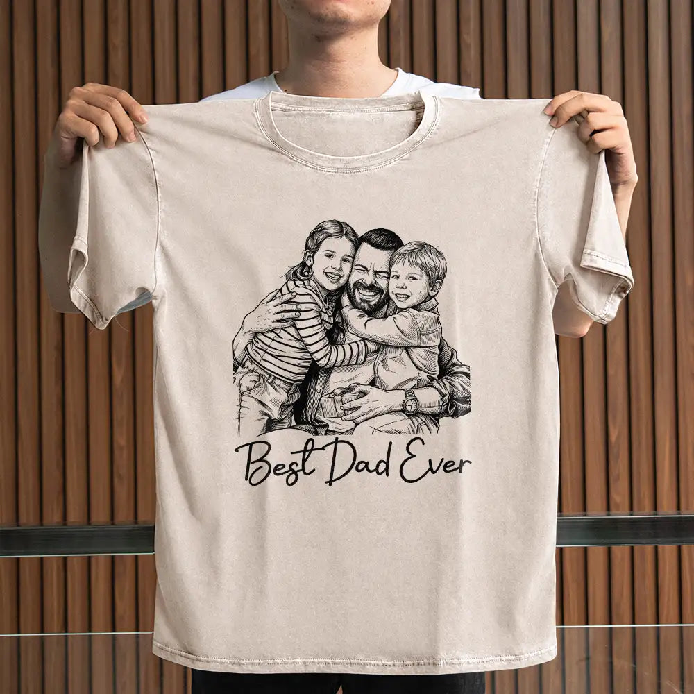 Gift For Father,Custom Photo,Art Design,Sentimental,Photo - Pencil Sketch - Dark BG,Photo - Ink Drawing - Custom Photo White Pencil Sketch Art Ink Drawing Best Dad Mom Ever - Personalized Vintage Washed T Shirt