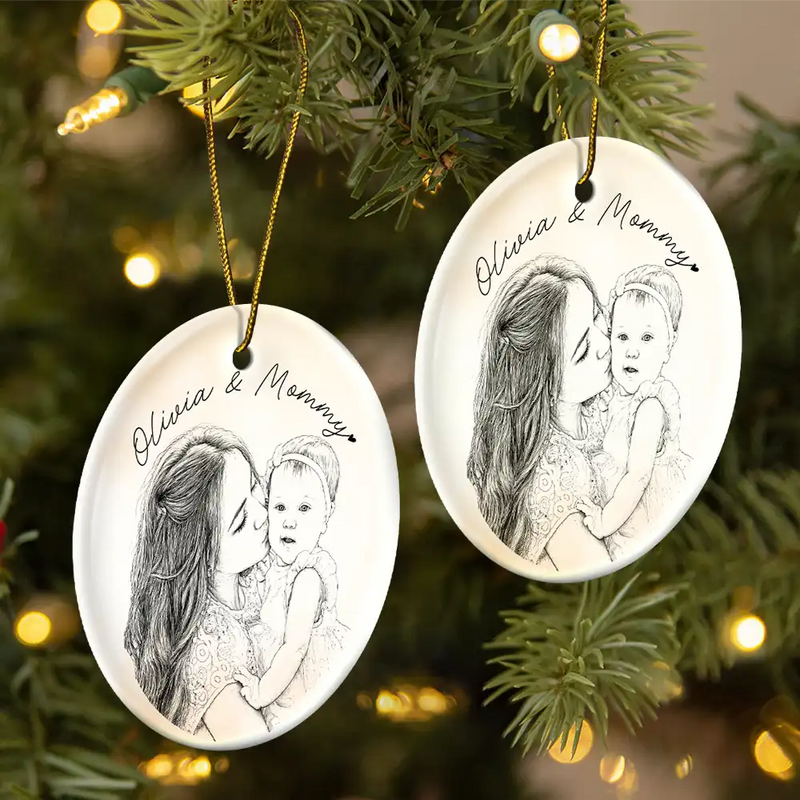 Art Design, Christmas, Family, Photo - Pencil Sketch - Remove BG, Happy - Custom Photo Pencil Sketch Family Couple Dog Cat Portrait - Personalized Circle Ceramic Ornament
