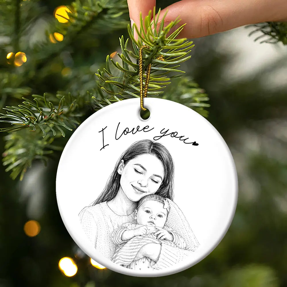 Art Design, Christmas, Family, Photo - Pencil Sketch - Remove BG, Happy - Custom Photo Pencil Sketch Family Couple Dog Cat Portrait - Personalized Circle Ceramic Ornament