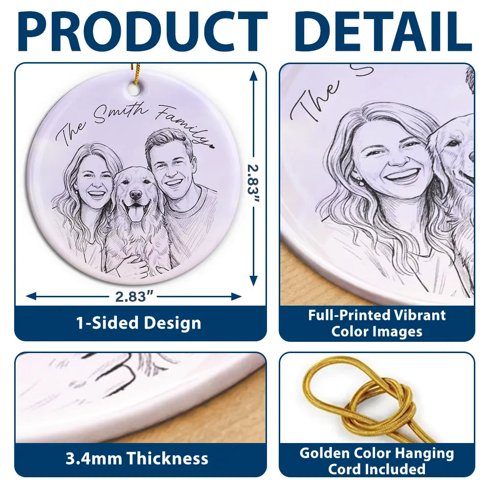 Art Design, Christmas, Family, Photo - Pencil Sketch - Remove BG, Happy - Custom Photo Pencil Sketch Family Couple Dog Cat Portrait - Personalized Circle Ceramic Ornament