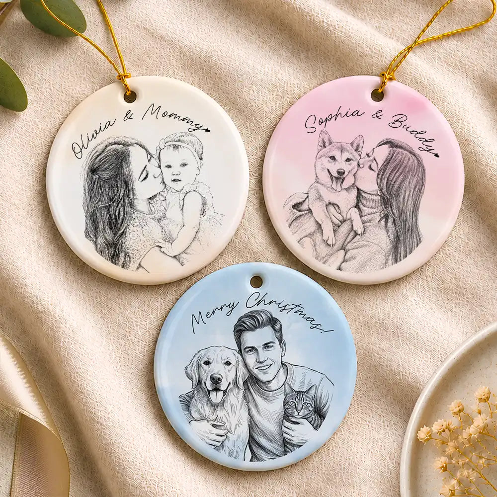 Art Design, Christmas, Family, Photo - Pencil Sketch - Remove BG, Happy - Custom Photo Pencil Sketch Family Couple Dog Cat Portrait - Personalized Circle Ceramic Ornament