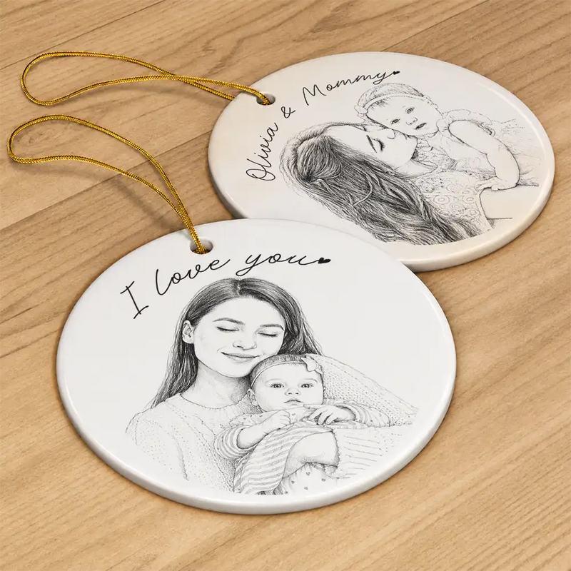 Art Design, Christmas, Family, Photo - Pencil Sketch - Remove BG, Happy - Custom Photo Pencil Sketch Family Couple Dog Cat Portrait - Personalized Circle Ceramic Ornament