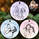Art Design, Christmas, Family, Photo - Pencil Sketch - Remove BG, Happy - Custom Photo Pencil Sketch Family Couple Dog Cat Portrait - Personalized Circle Ceramic Ornament