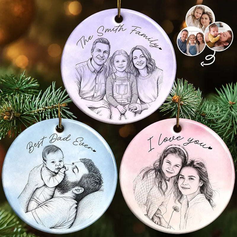 Art Design, Christmas, Family, Photo - Pencil Sketch - Remove BG, Happy - Custom Photo Pencil Sketch Family Couple Dog Cat Portrait - Personalized Circle Ceramic Ornament