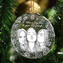 Art Design, Gift For Bestie, Christmas, Photo - Pencil Sketch - White BG, Happy - Custom Photo Pencil Sketch Art A True Friendship Is A Journey Without An End - Personalized Circle Glass Ornament