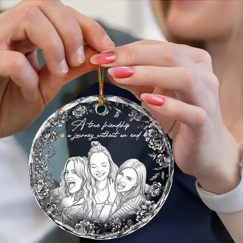 Art Design, Gift For Bestie, Christmas, Photo - Pencil Sketch - White BG, Happy - Custom Photo Pencil Sketch Art A True Friendship Is A Journey Without An End - Personalized Circle Glass Ornament