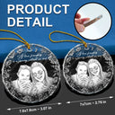 Art Design, Gift For Bestie, Christmas, Photo - Pencil Sketch - White BG, Happy - Custom Photo Pencil Sketch Art A True Friendship Is A Journey Without An End - Personalized Circle Glass Ornament