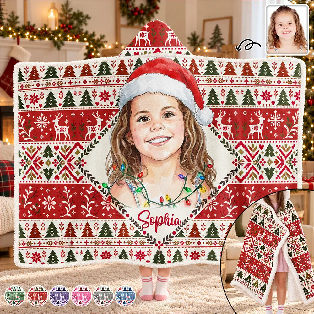 Christmas Gifts For Kids - Personalized Custom Photo Watercolor Portrait Wearable Hooded Blanket